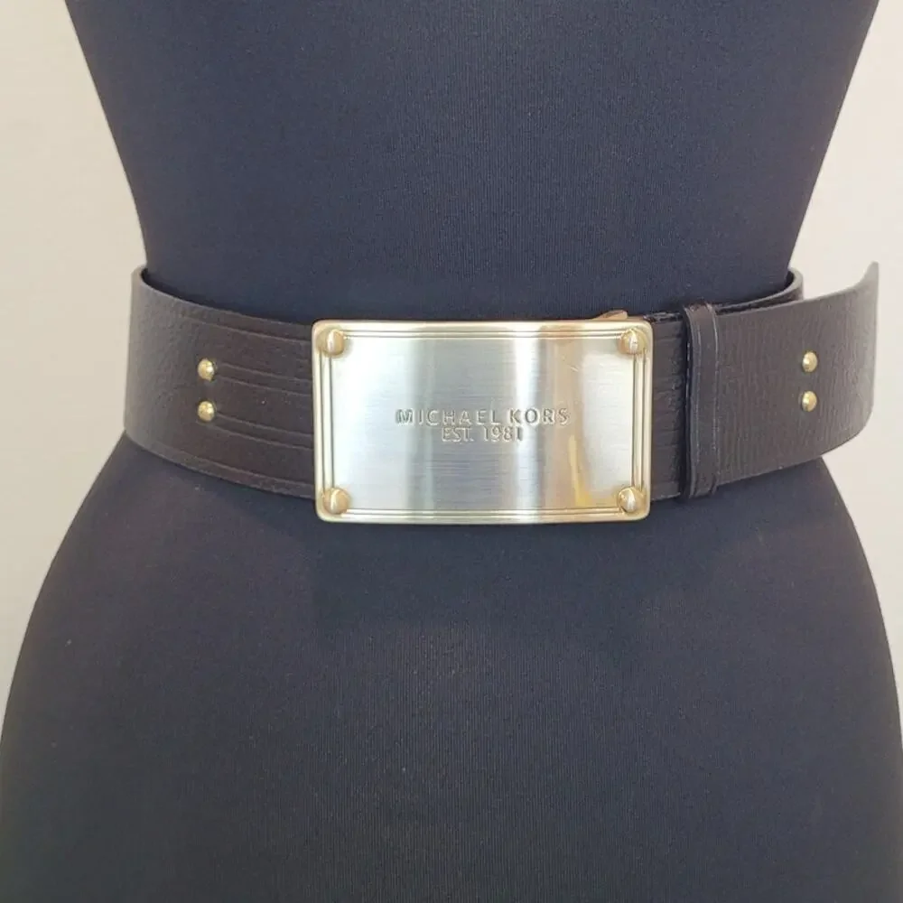 Michael Kors Leather Belt Black Brown Gold Logo XL Luxury Capsule Minimalist